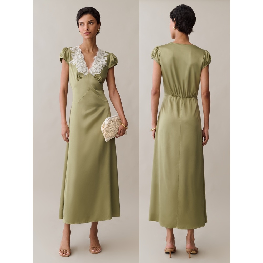 o.p.t Kasey Satin Lace Trim Midi Dress in Sage Green - Size 4